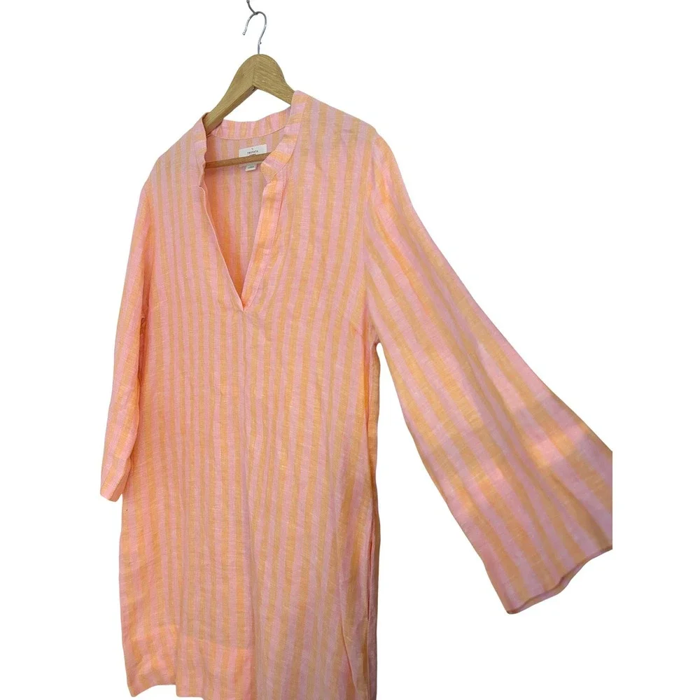Trovata Birds of Paradis Lucca Linen Shirt Dress Pink Orange Stripe Womens Large